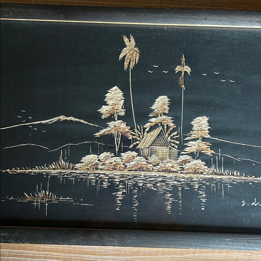 Vintage Philippine Straw Art Handcrafted Tropical Scene, Artist Signed 1950s